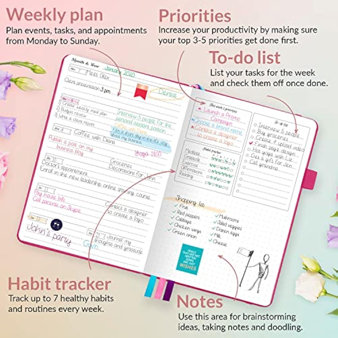 GoGirl Planner and Organizer for Women – Compact Weekly Planner, Goals Journal & Agenda to Improve Time Management & Productivity (Hot Pink)