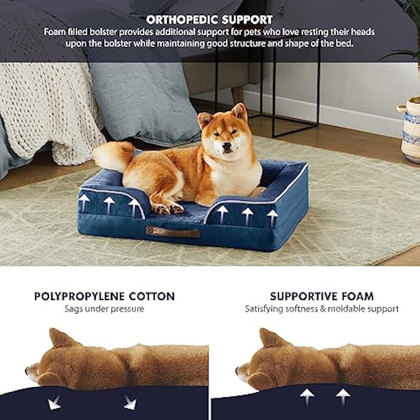 Codi Medium Memory Foam Layer Dog Bed, Washable Orthopedic Dogs Beds Couch with Removable Zipper Cover, Waterproof Pet Sofa with U-Shape Bolster, Navy Blue, 71x58x(7.5+8.9) cm