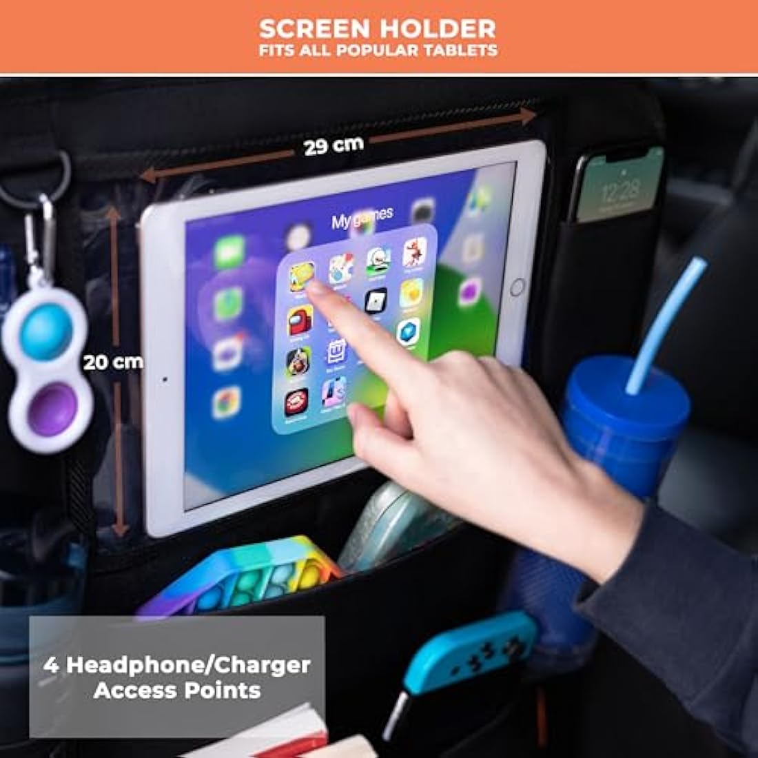 Huckaboo Car Seat Organiser - Kids Back Seat Organiser, Storage Pockets, Screen Holder, Black, 2 Pack