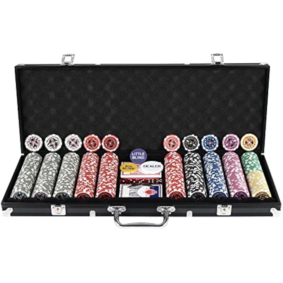 display4top Texas Holdem Poker Chips Set with Aluminum Case,2 Decks of Cards, Dealer, Small Blind, Big Blind Buttons and 5 Dice (500 Piece Chips)