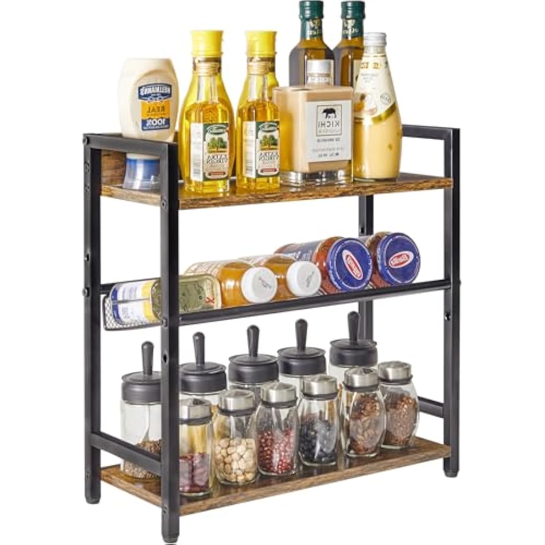 IBUYKE 3-Tier Spice Rack - Industrial Counter Shelf,Desktop Storage Organizer,Standing Seasoning Rack for Countertop Kitchen,Office,Living Room,Rustic Brown TLJ021H