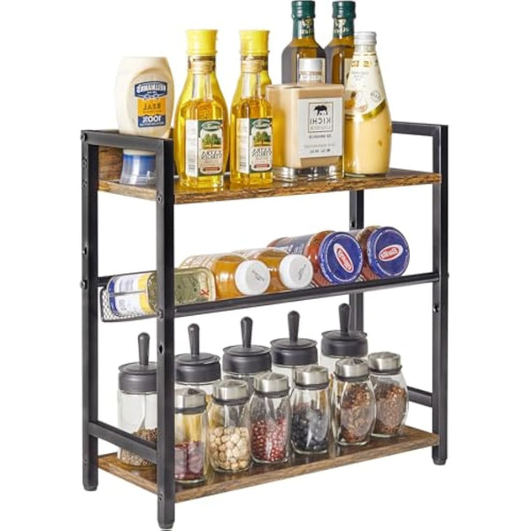 IBUYKE 3-Tier Spice Rack - Industrial Counter Shelf,Desktop Storage Organizer,Standing Seasoning Rack for Countertop Kitchen,Office,Living Room,Rustic Brown TLJ021H