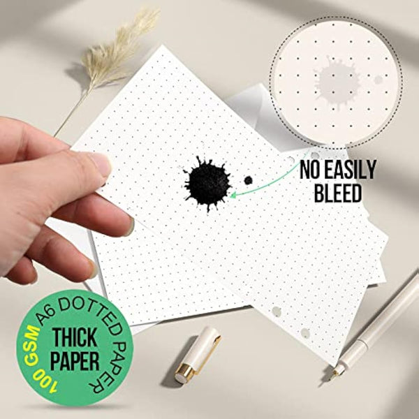 FANDAMEI 180 Sheets/360 Pages A6 Refills Dotted Paper, 100 GSM Personal Organiser Inserts for A6 Binder, 6-Hole Dot Paper, 171x94mm
