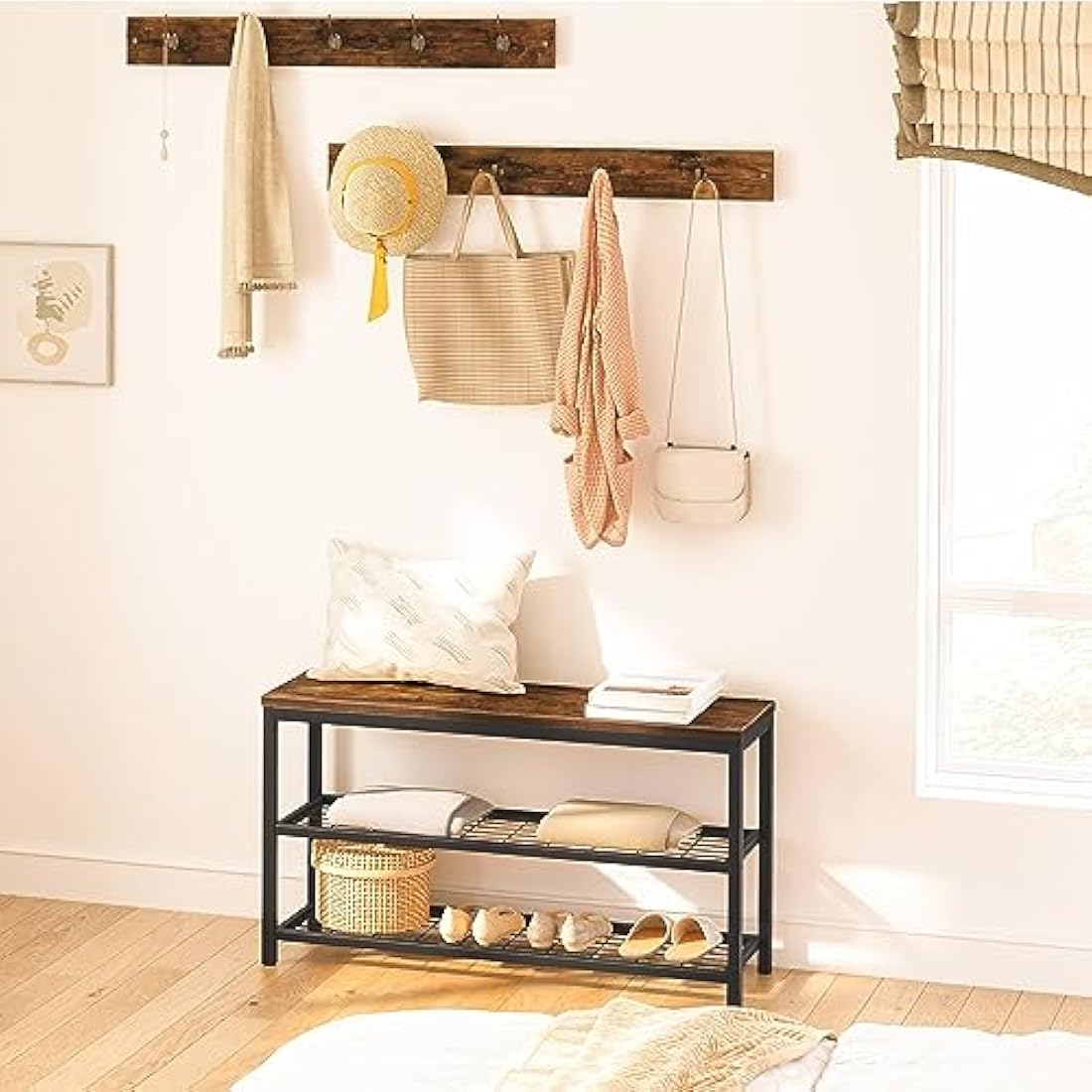 HOOBRO Shoe Rack with Coat Rack Hanger, Hall Tree, Hallway Shoe Bench Set with 9 Hooks and Shelf, Hall Stands, Coat Stand for Entryway, Sturdy, Industrial, Rustic Brown EBF07MT01