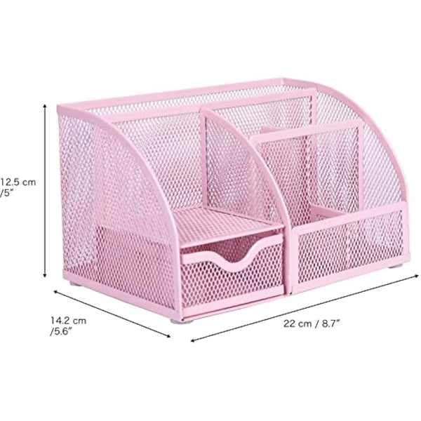 EXERZ Desk Organiser/Mesh Desk Tidy Caddy/Pencil Holder Multifunctional with 7 Compartments- Light Pink