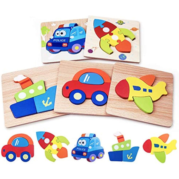 Highttoy Wooden Jigsaws for 1 2 3 Year Olds,5 Pcs Jigsaw Puzzles for Toddlers Traffic Vehicle Chunky Shape Blocks Early Educational Montessori Wooden Toys for 1+ Year Old Boys Girls