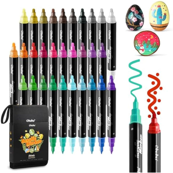Ohuhu Acrylic Paint Pens 30 Colours, Dual Tip(3mm & 0.7mm) Acrylic Paint Markers - Waterproof Lightfast High Opacity Permanent Multimarker for stones Painting Wood Glass Ceramic Easter Eggs Pumpkin