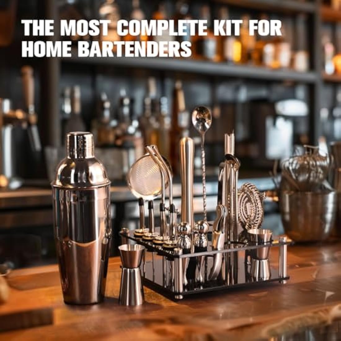 KINGROW Mixology Cocktail Shaker Set - Complete 29-Piece Bartender Kit and Bar Tools with Acrylic Rotating Stand, Professional Bar Set for Drink Mixing, Home, Bar, Party (Sliver)