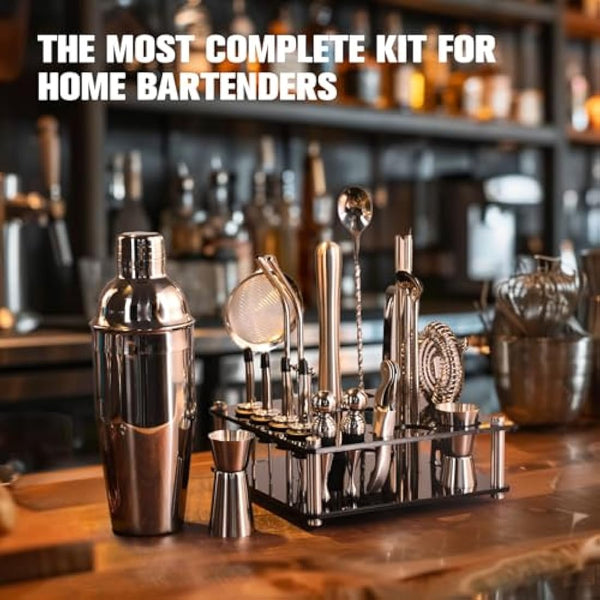KINGROW Mixology Cocktail Shaker Set - Complete 29-Piece Bartender Kit and Bar Tools with Acrylic Rotating Stand, Professional Bar Set for Drink Mixing, Home, Bar, Party (Sliver)