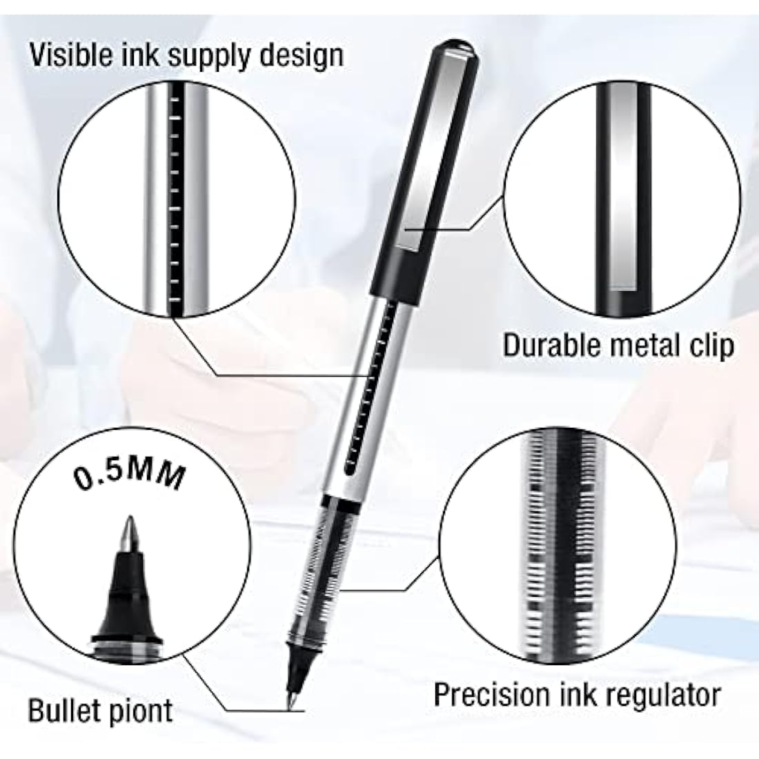 APOGO Rollerball Pens Black Ink, 16 Pack Pens Multipack 0.5mm Black Gel Pens, Quick-Drying Ink Pens, Writing Pens for Note Taking, Sketch, Bullet Journal, Black Pens for School & Office Supplies