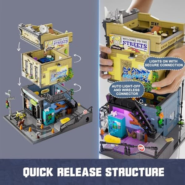 FUNWHOLE Skate-Shop Lighting Building-Bricks Set - Street Fusion City Skate Store Collection LED Light Modular Building Kit 1573 Pcs for Adults and Teen