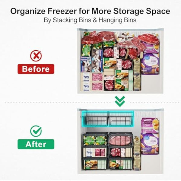 iSPECLE 2 Pack Hanging Freezer Baskets - Fit 283 to 566L Depp Freezers, Expandable Large Chest Freezer Baskets Add Space Easy Slide to Get Bottom Food, Black