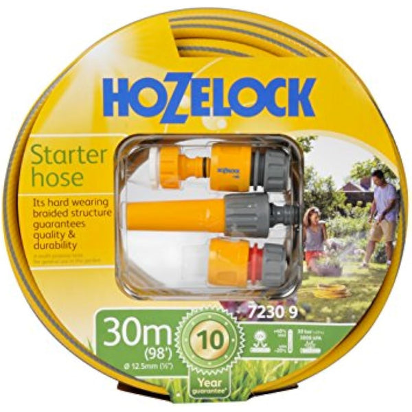 HOZELOCK - Starter Hose Kit ø 12.5mm (1/2") 30m : Versatile, UV-resistant Garden Hose, 4-layer Braided Reinforced Hose, Hard Wearing, Includes Fittings and Nozzle, 10 Year Guarantee* [7230P9000]