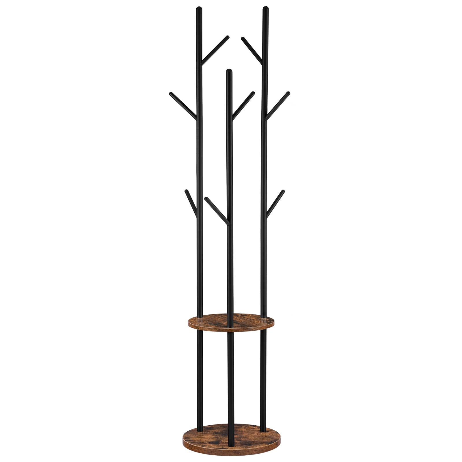 HOOBRO Coat Stand, Coat Rack for Hallway, Freestanding Coat Rack Stand with 8 Hooks, Storage Shelves, Hall Trees for Clothes, Rustic Brown EBF33YM01