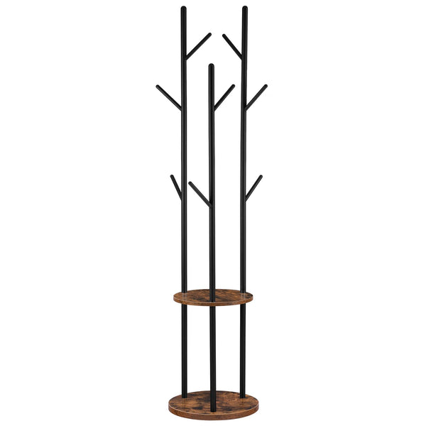 HOOBRO Coat Stand, Coat Rack for Hallway, Freestanding Coat Rack Stand with 8 Hooks, Storage Shelves, Hall Trees for Clothes, Rustic Brown EBF33YM01