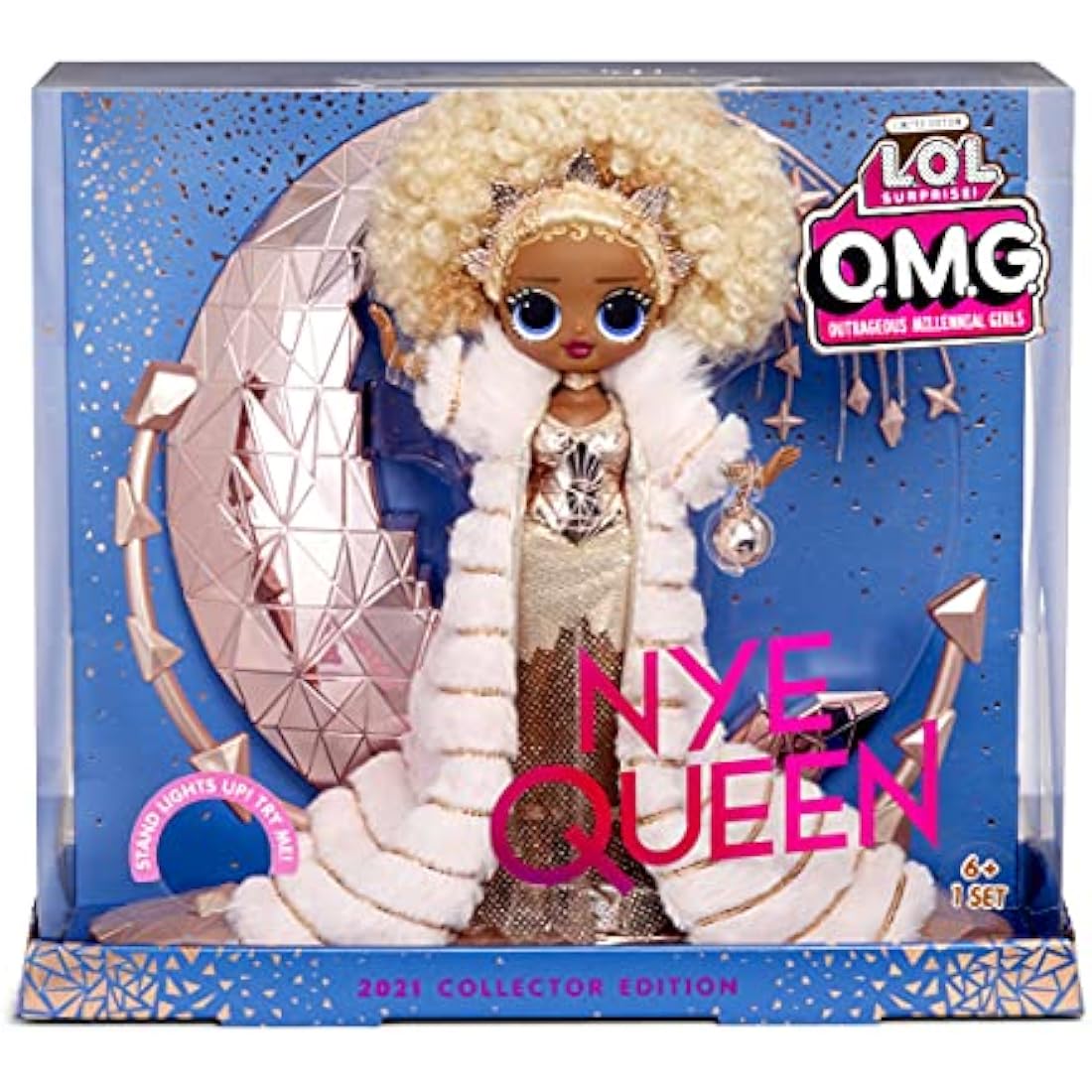 L.O.L. Surprise! 576518EUC LOL Surprise Holiday OMG 2021 Collector Doll-NYE Queen-with Gold Fashions, Accessories, & Light-Up Stand-New Year's Celebration Look-Collectable-Gift for Boys & Girls Age 4+