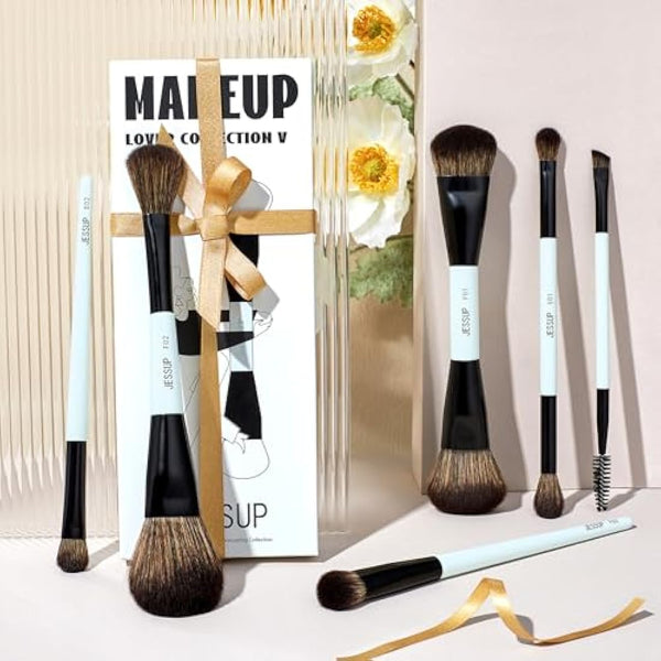 Jessup Makeup Brush Set 6pcs Double Sided Makeup Brushes Foundation Contour Blush Highlight Blending Eyebrow Brush Eyeshadow Brush, Vegan Make up Brushes Bright Cyan T501