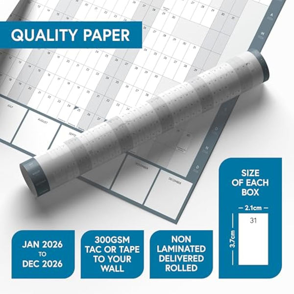 2026 Year Wall Planner by Clear Mind Concepts® - Large A1 (84.1 x 59.4cm) Calendar - Includes All Bank Holidays - Ideal for Home, Work, Students & Office - Delivered Rolled in a Tube