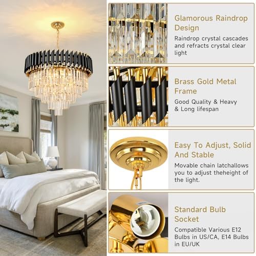 AOOCHOK Black and Gold Crystal Chandelier Pendant Light, Round Modern Crystal Chandelier for Dining Room, Living Room, Bedroom, Restaurant, E14 x 8, Φ60cm