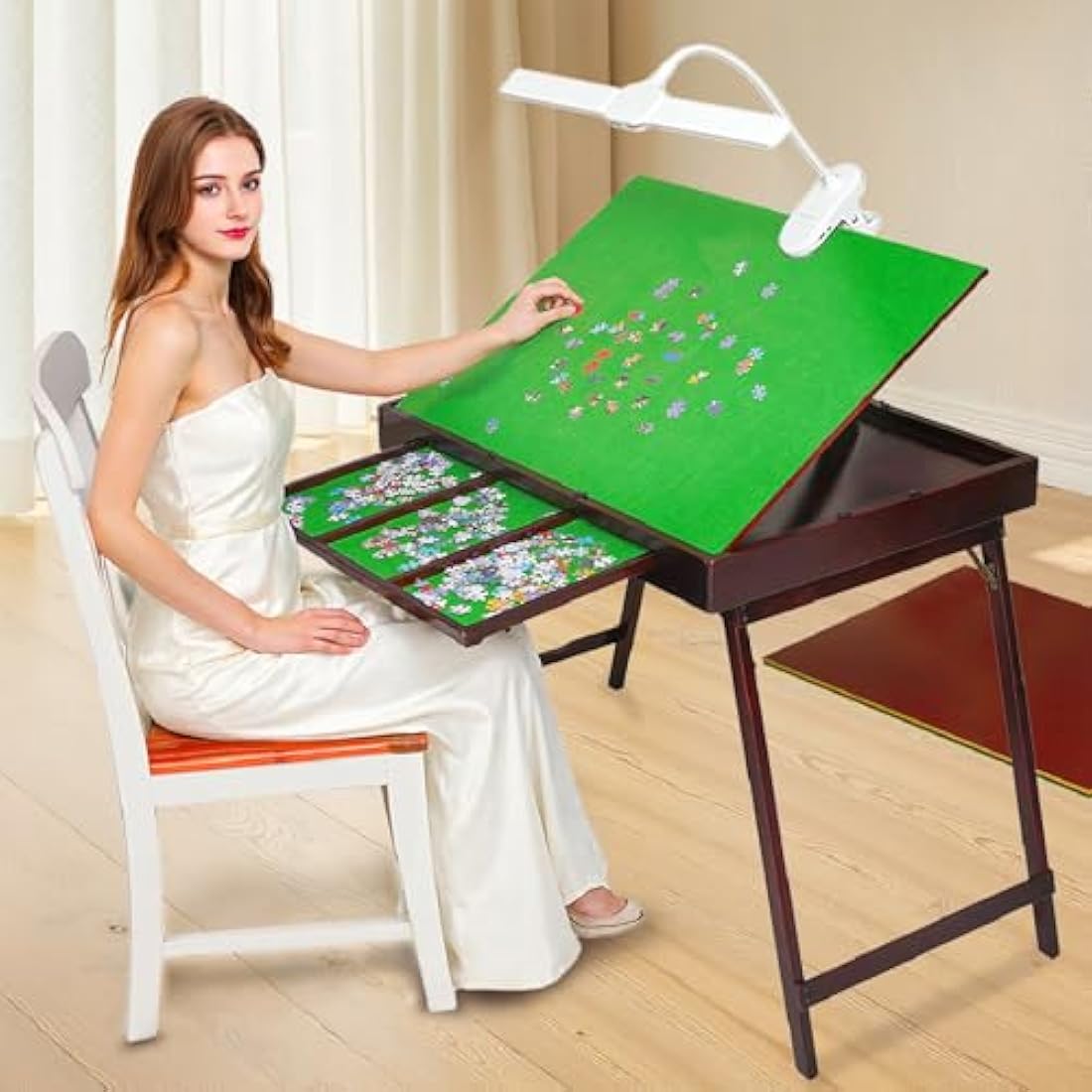 Folding Wooden Jigsaw Puzzle table with Storage Drawer and Rechargeable LED Light - jigsaw board with Adjustable Angle, Relief for Back and Neck Pain - Ideal for Adult Puzzle Enthusiasts