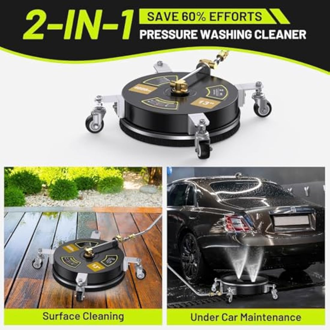 HoldOneLight 2-in-1 Pressure Washer Surface & Undercarriage Cleaner - 13" Power Washer with 3 Extension Wands, 2 Nozzles, 4000 PSI