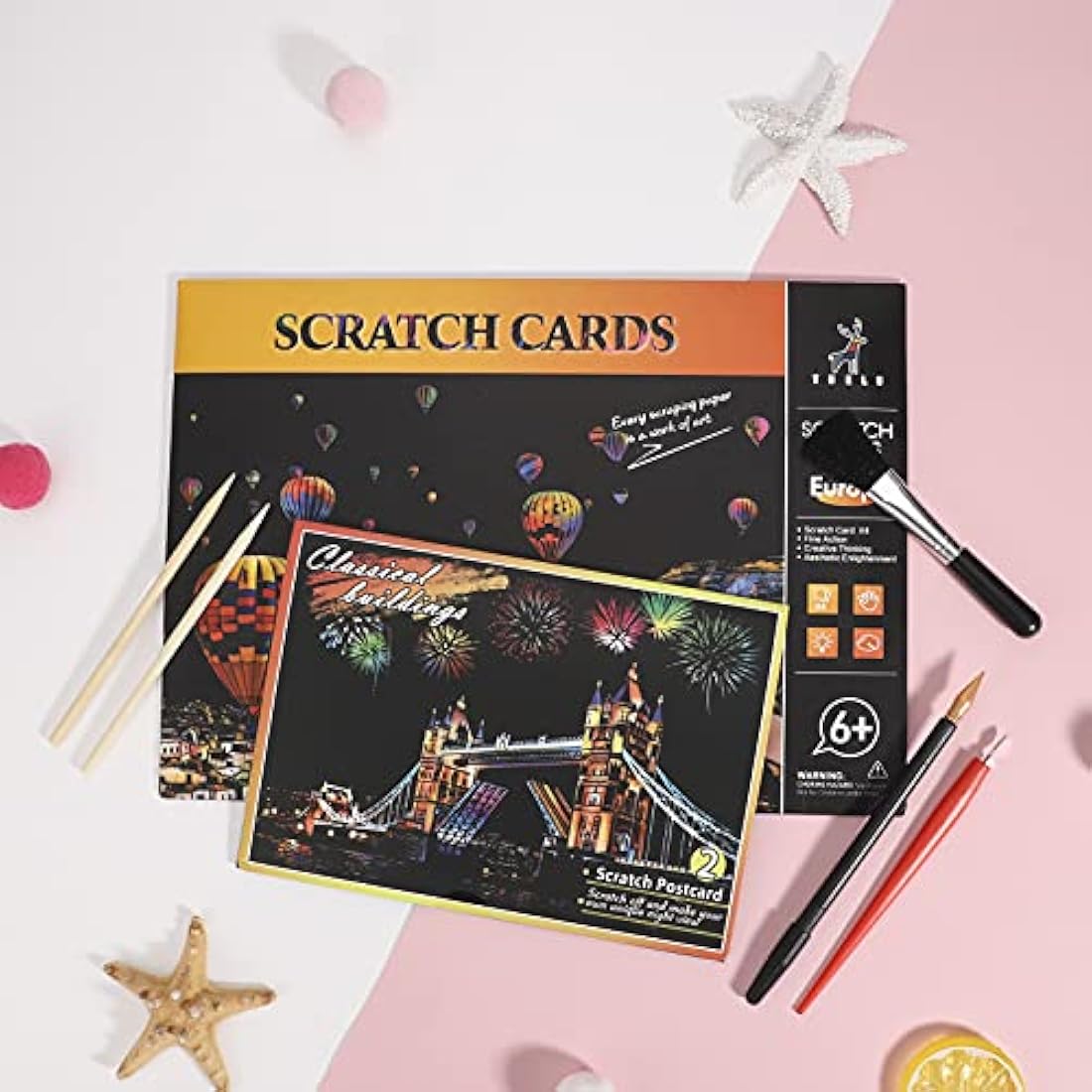 Heyu-Lotus 8pcs Scratch Art Paper Rainbow Painting Sketch City Series Night Art Craft Scratch Scratchboard for Adult and Kids with 5 Tools