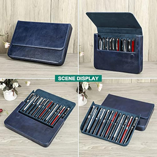 Hiram Leather Pen Case for 12 Pens Vegetable Tanned Leather Fountain Pen Storage Box with Hidden Magnetic Snap Closure and Pens Tray Design (Blue)