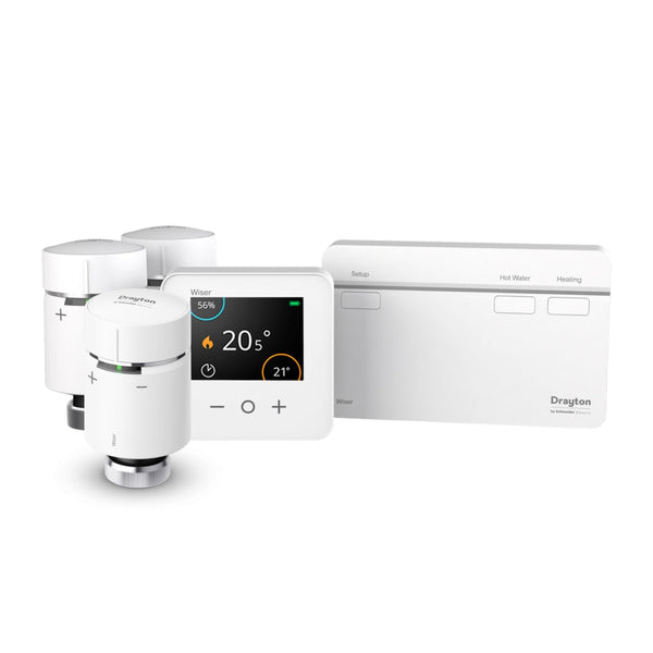 Wiser By Drayton Smart Thermostat Heating Kit Thermostat Kit 2 with 2 x Smart Radiator Thermostat TRV + Smart Plug – Heating & Hot Water for Conventional Boiler Complete Heating Control DIY Install