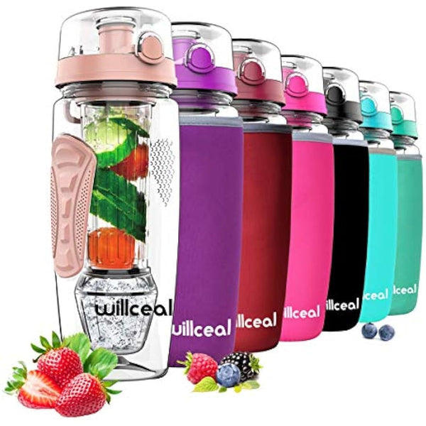Fruit Infuser Water Bottle 32oz Durable with Detachable Ice Gel Ball,Large - BPA Free Tritan, Flip Lid, Leak Proof Design - Sports, Camping (Gold)