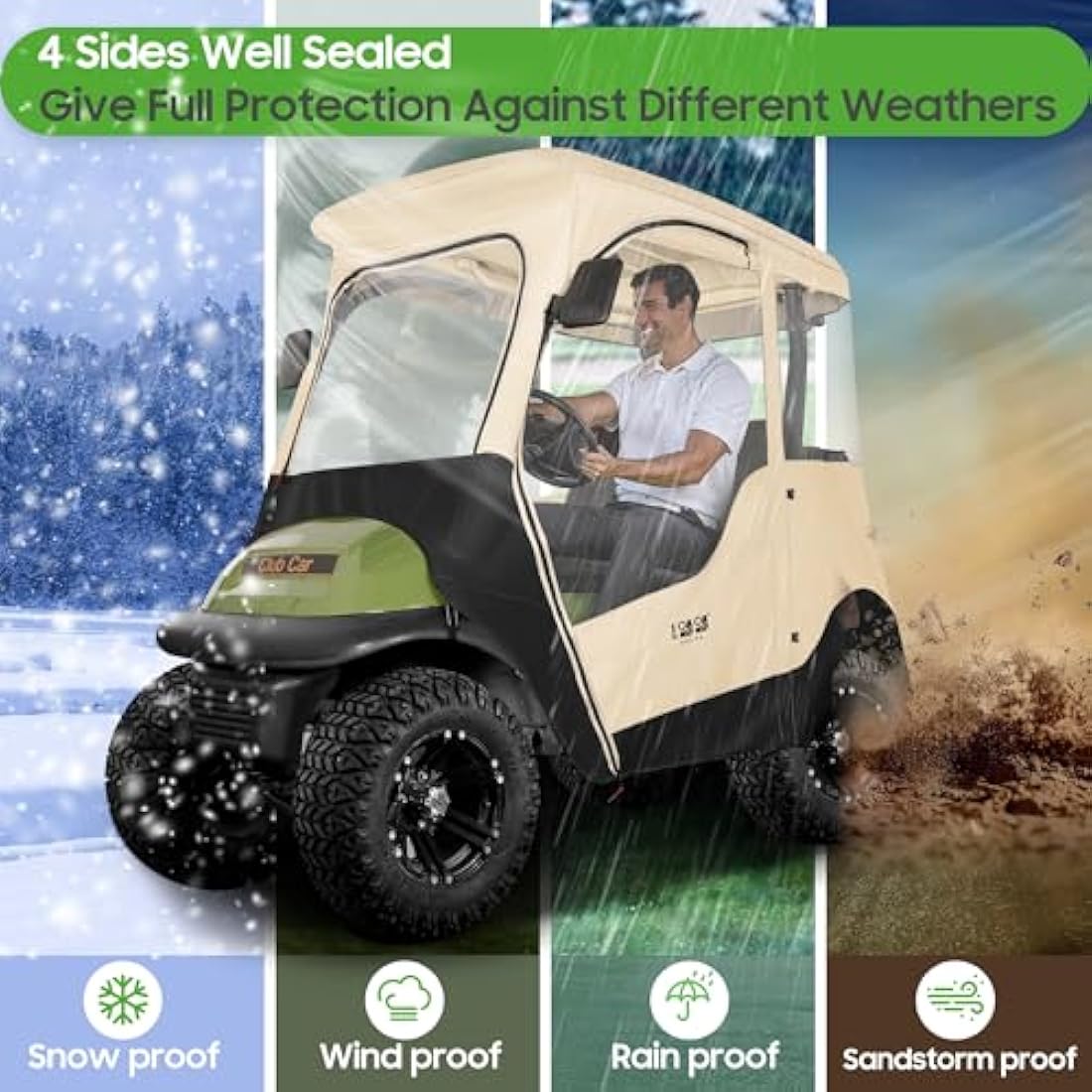 10L0L Deluxe Golf Cart Keep Warm Enclosure for 2 Passenger Club Car Precedent,600D Waterproof 4-Sided Protection Golf Buggy Cover,Roof up to 59" L (Beige