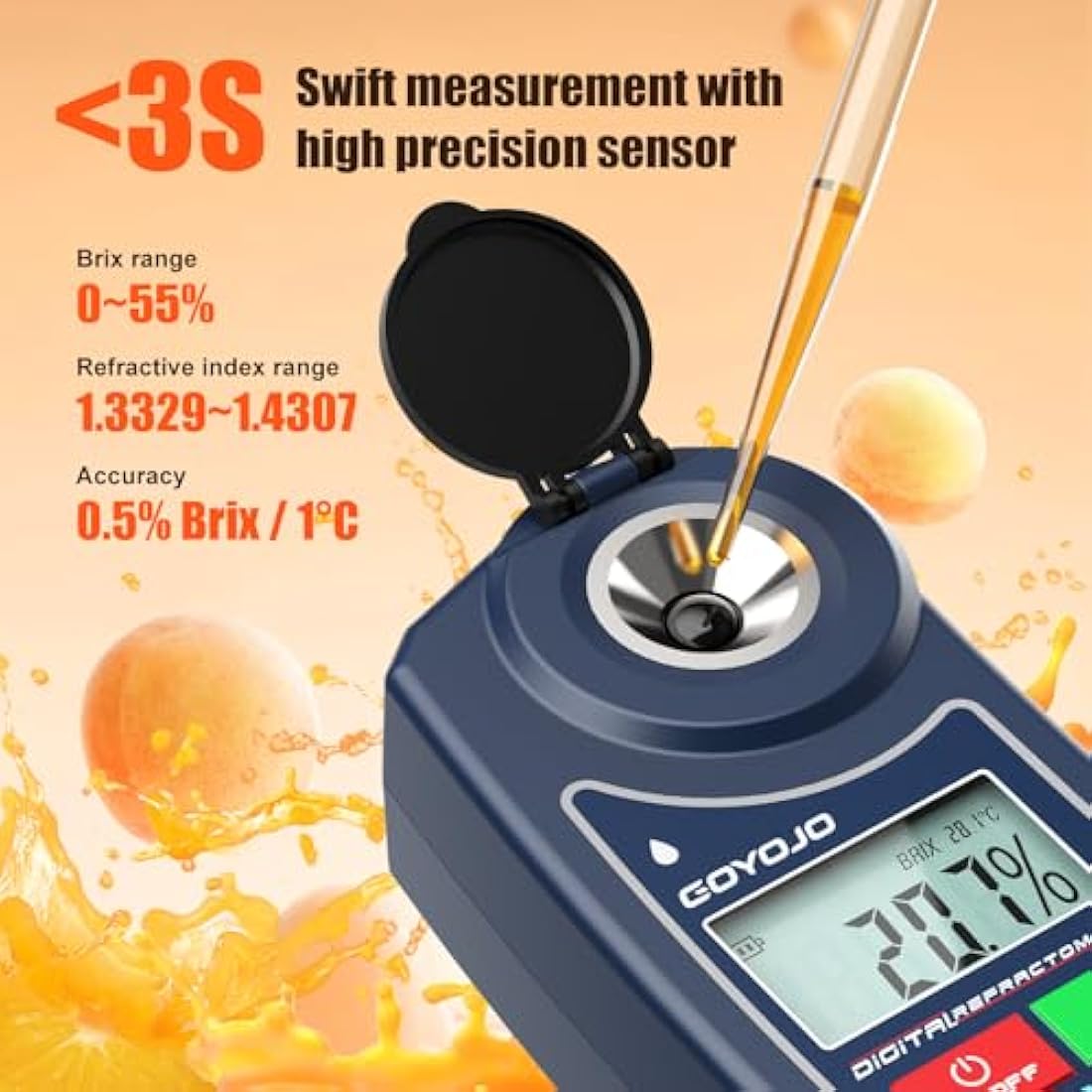 Digital Brix Refractometer, Brix Meter with Automatic Temperature Compensation for Water Samples, Food, Fruits, Beverages, and Crop Sugar Content (0.0-55.0% Brix)
