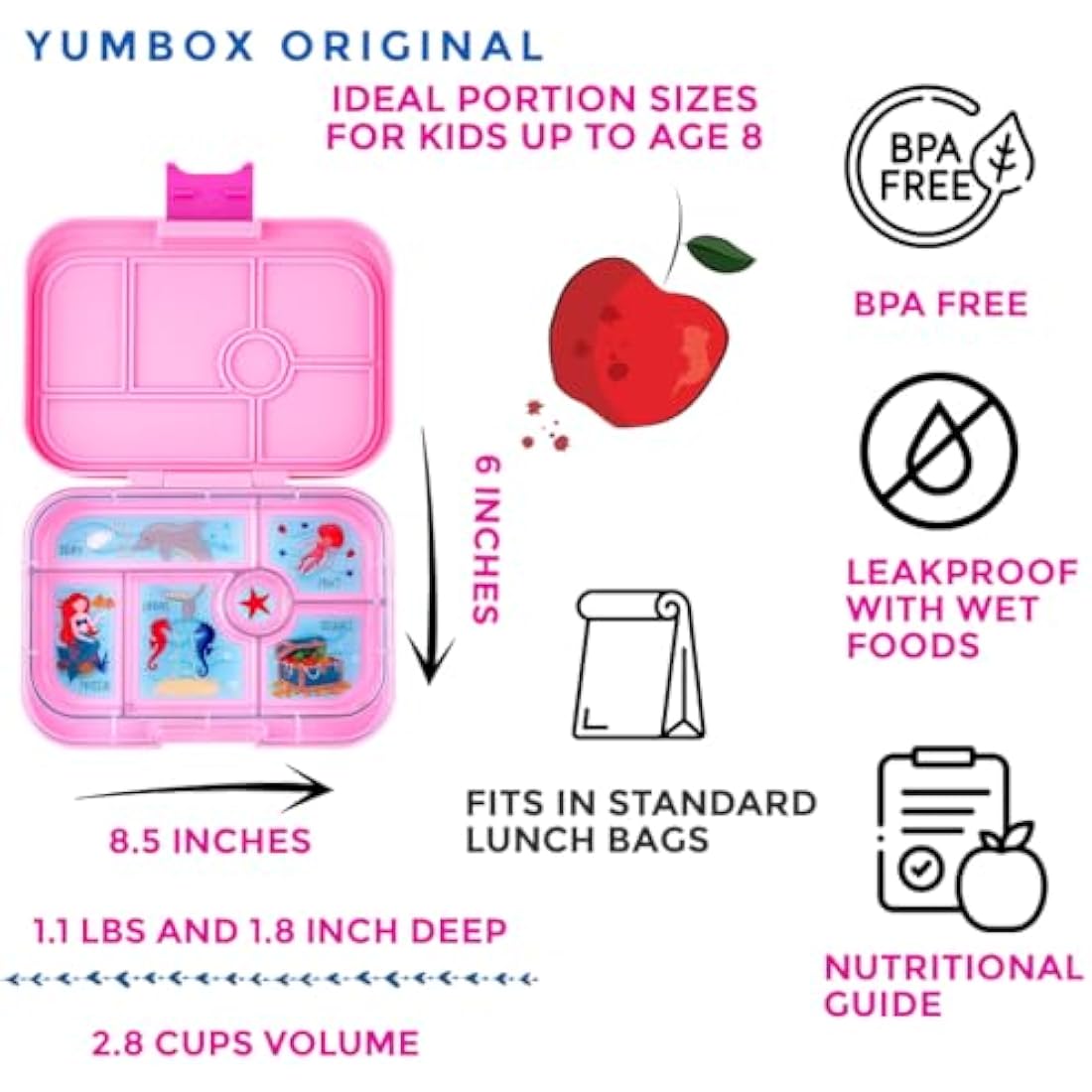 yumbox Original Leakproof Kids Bento Lunch Box, 5 Compartments + Dip Well, Easy-Open Latch, Portion Control, Removable Illustrated Tray, Ages 3-7 (Power Pink (Mermaid Tray))