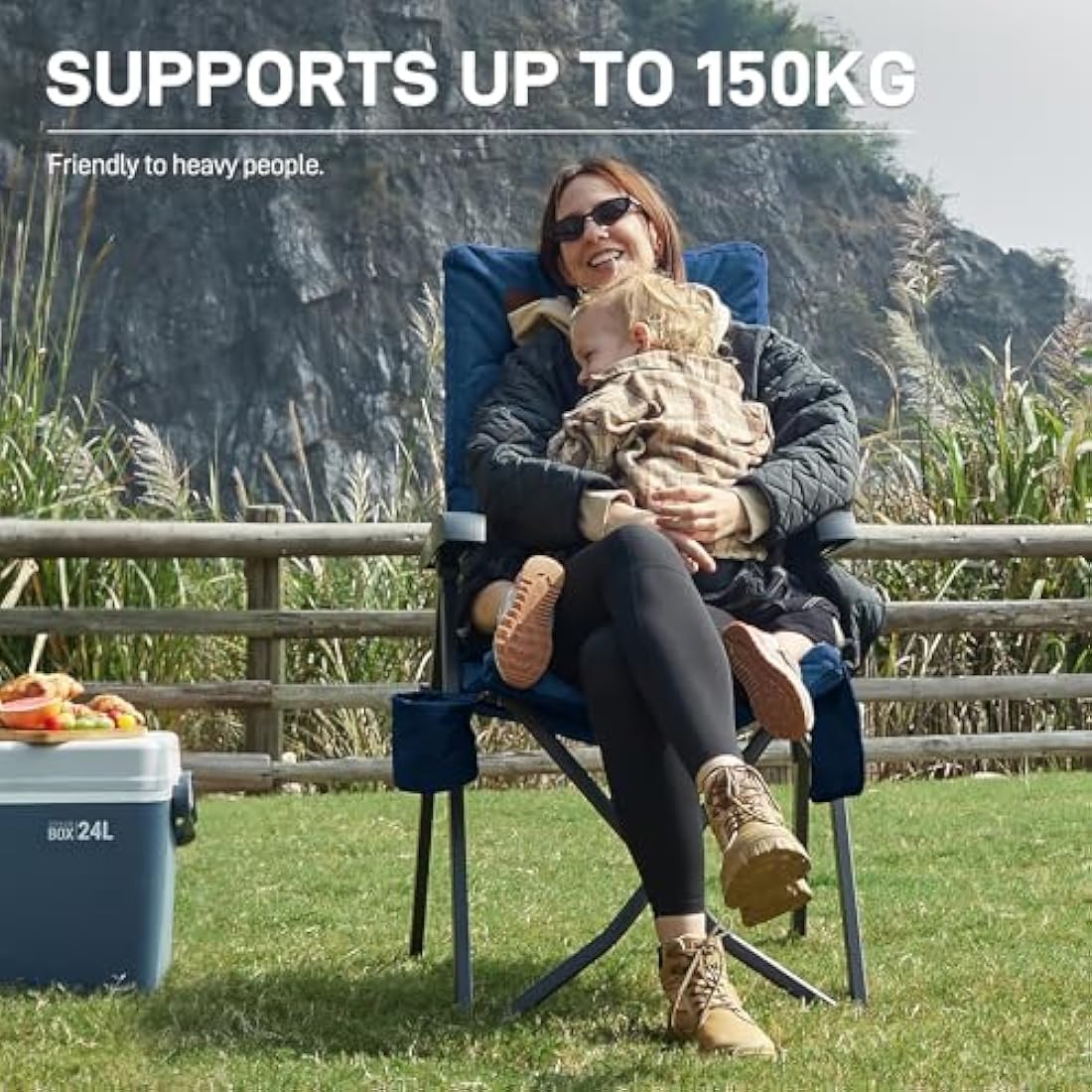 EVER ADVANCED Luxury Camping Chairs for Adults Heavy Duty High Back Oversized Folding Garden Chair Comfy Padded 6cm Loadable 150kg Camp Adjustable Dining Chairs 4-Position Recliner Deck Blue