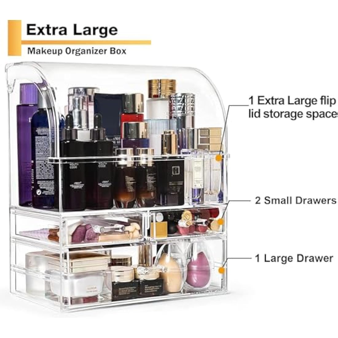 Suyoo Makeup Organiser Storage, X-Large Acrylic Clear Cosmetics Storage Display Case with Drawers, Perfume Makeup Organiser Box with Waterproof Cover for Counter, Bathroom, Dresser(Clear-XL)