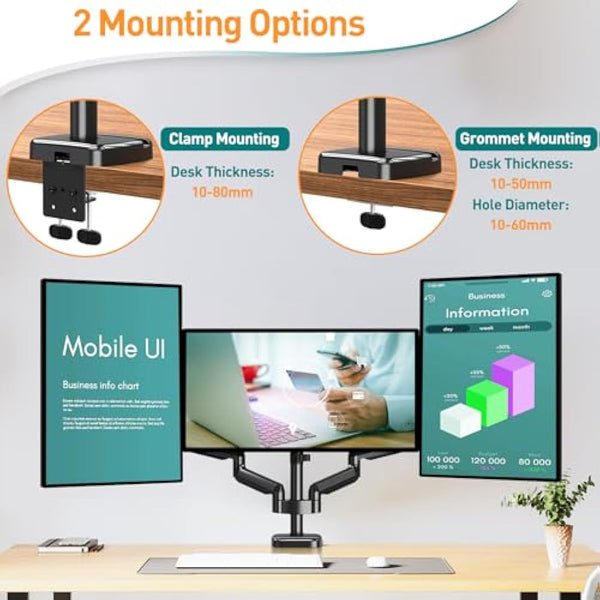 ELIVED Triple Monitor Arms - Adjustable Gas Powered Desk Mount for 3 Monitors - 13-27 Inch, VESA 75x75/100x100, C-Clamp and Grommet Base