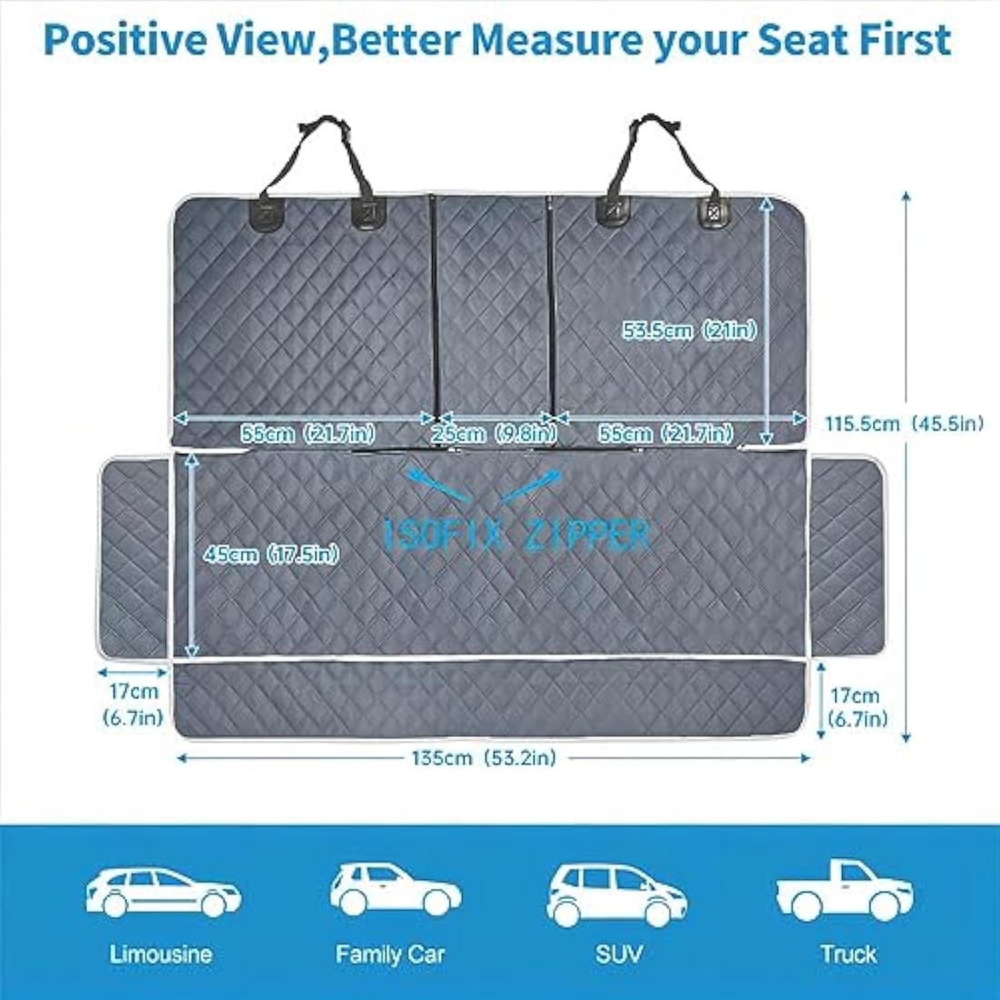 ANOSOSPECIAL Grey Dog Car Seat Cover for Back Seat,Non-Stick Fur,Pet-Friendly and Waterproof - Universal Fit Interior Protector for Auto, Van, SUV - Ideal for Kids and Pets（Large）