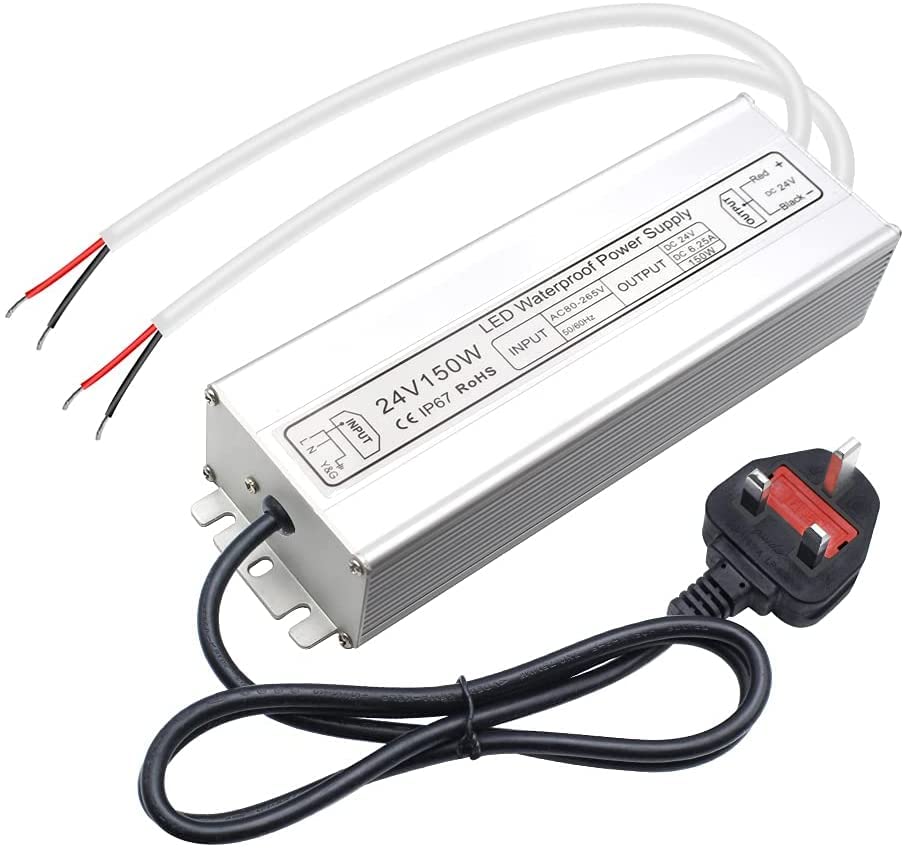 inShareplus LED Power Supply, 24V 150W IP67 Waterproof Outdoor Driver, AC 80-265V to DC 24V 6.25A Low Voltage Transformer, Adapter with 3-Prong Plug