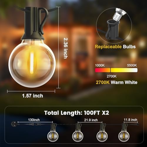 Yuusei Festoon Lights Outdoor String Lights Mains Powered 60M, 200FT Globe Garden Lights with 100+4pcs LED Shatterproof Bulbs, Waterproof Outside Lights for Patio Backyard Terrace Party