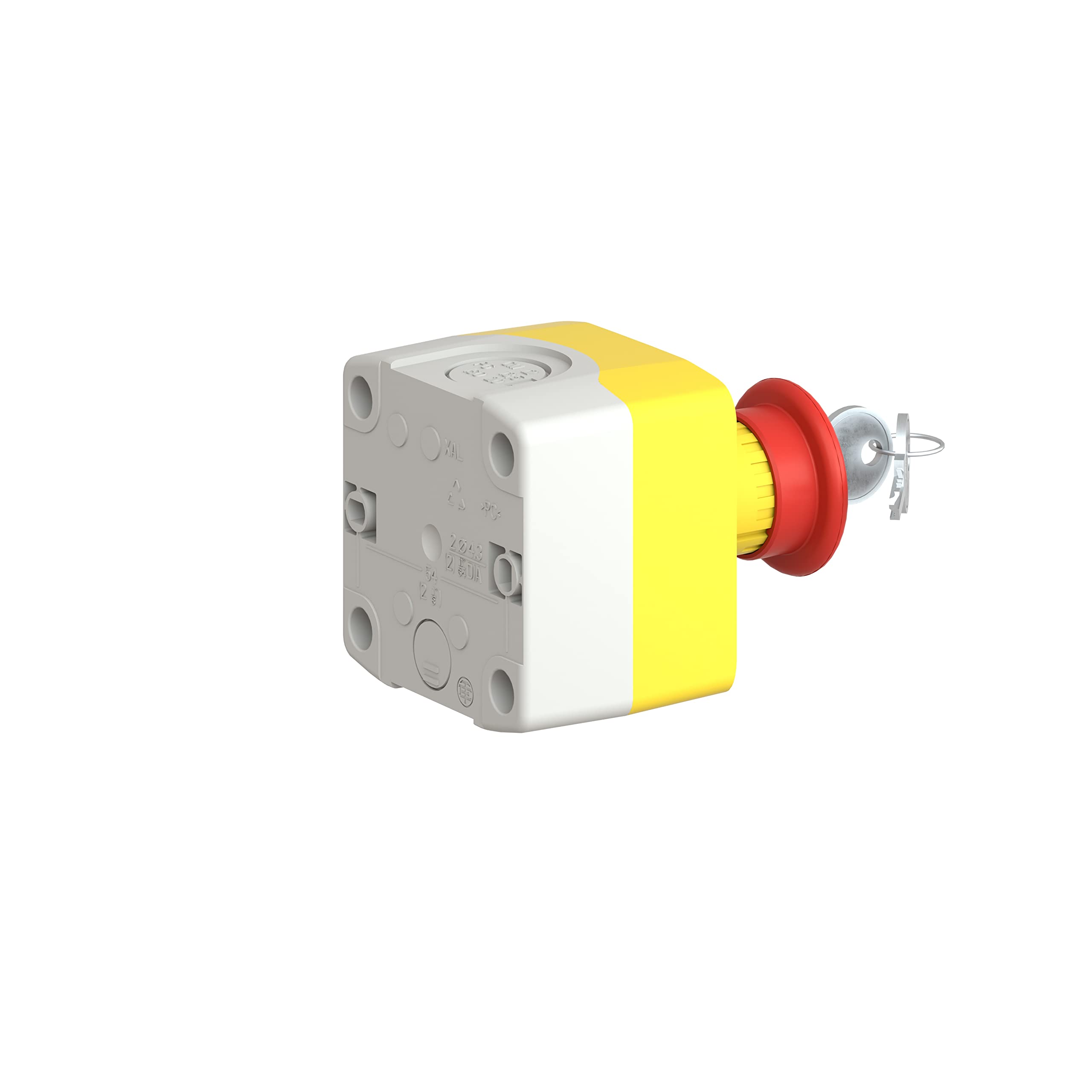 Schneider Electric Control station, plastic, yellow lid, 1 red mushroom push button Ø40, key release, 1 NO + 2 NC