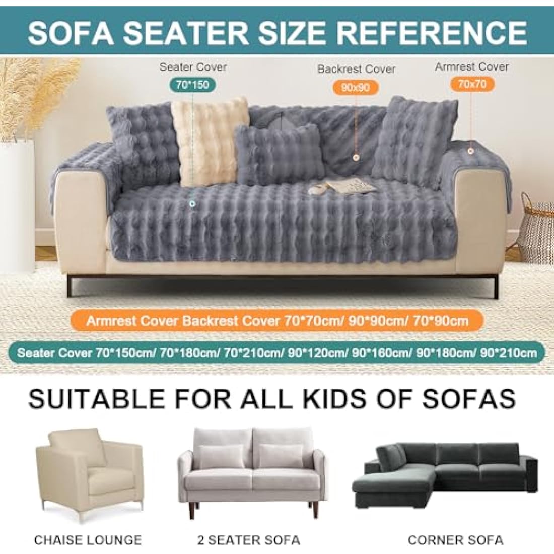 SHANNA Thick Rabbit Plush Sofa Cover 1 2 3 Seater, New Universal Non-Slip Corner Sofa Cover L Shape Super Soft Faux Fur Sofa Slipcovers for Living Room(Grey, 90 * 240cm Seater Cover)