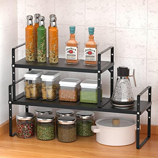 ARCCI Expandable Kitchen Cabinet Shelf Organizers, Stackable Metal Pantry Storage Shelves Rack, Adjustable Counter Spice Shelf for Cabinets, Countertop, Cupboard Organizers and Storage, Black