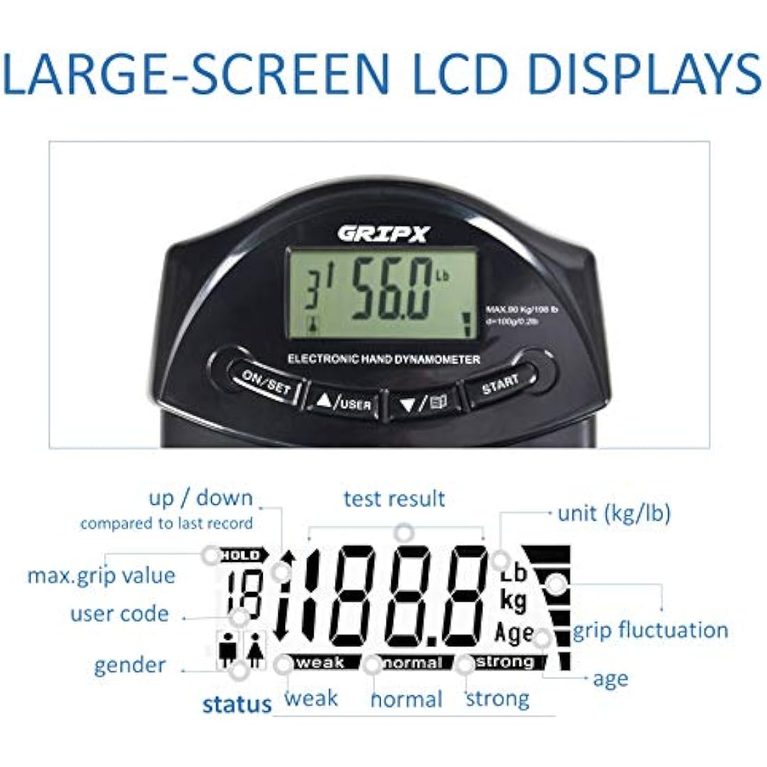 GRIPX Digital Hand Dynamometer Grip Strength Measurement Meter Auto Capturing Electronic Hand Grip Power 198Lbs / 90Kgs