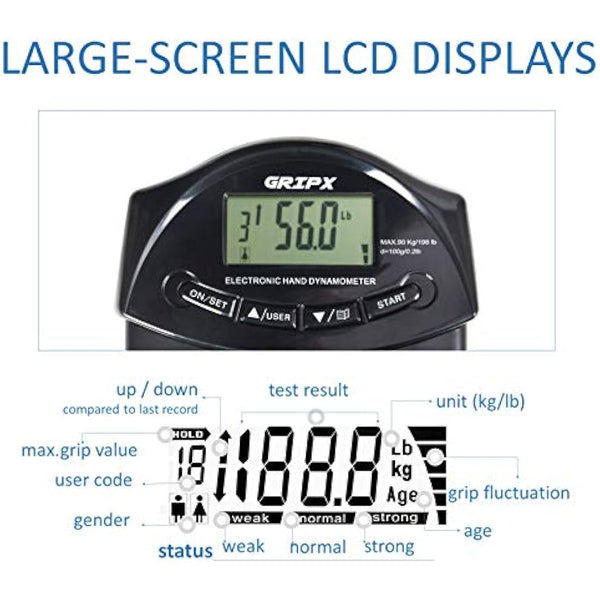 GRIPX Digital Hand Dynamometer Grip Strength Measurement Meter Auto Capturing Electronic Hand Grip Power 198Lbs / 90Kgs