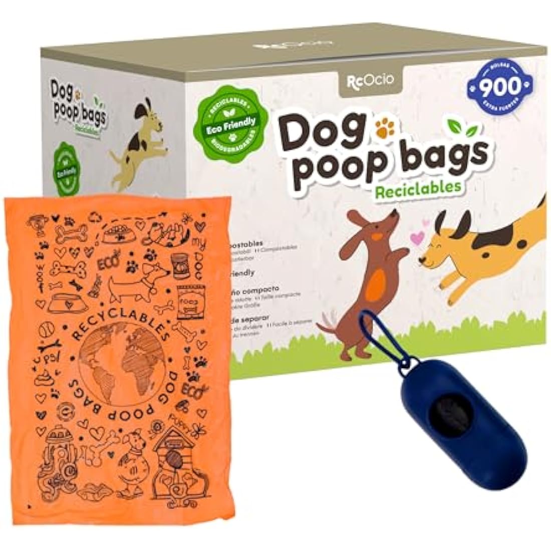 Dog Poo Bags + Poo Bag Holder | Poo bags Eco with poo bags dispenser. Poo bags dog eco strong and durable. Perfect for small and large dogs. Poop Bags dog + Bags holder. Poo Bags with handles