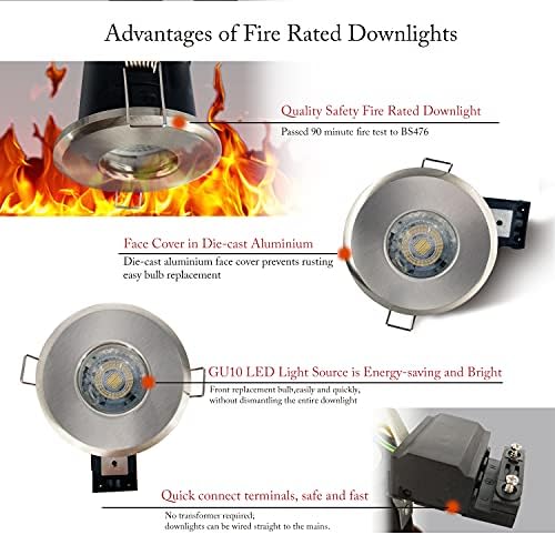 4XSweier 90 Min Fire Rated Downlight,5W 6000K Cool White Waterproof IP65 LED Recessed Ceiling Lights, 230V GU10 Die-Cast Aluminium Spotlight Satin Nickel,(Non-dimmable)