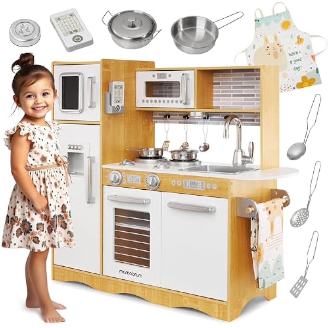 Mamabrum Baby Toys Play Kitchen with LED Lightning System, Wooden Kids Toys, Role Play Kitchen Accessories Included Pretend Play Toy Kitchen for Kids Little Chef Kitchen Playset, Natural Wood