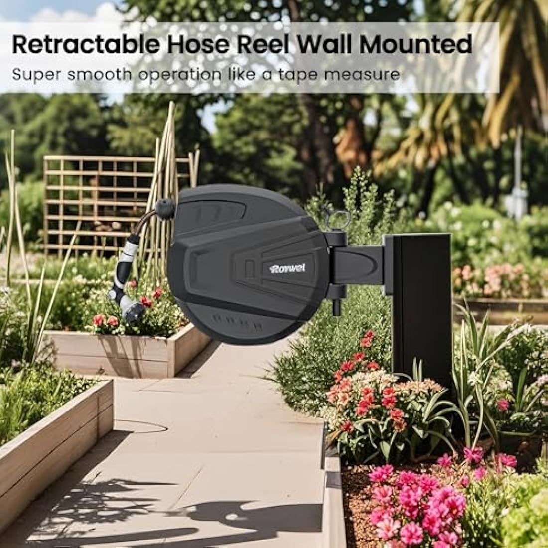 Roywel Auto Reel Garden Hose 40M，Hose Reel Wall Mounted，Auto Rewind, Self-Locking System,180° Pivotal with Multifunction Spray Nozzle