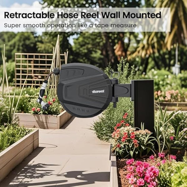 Roywel Auto Reel Garden Hose 40M，Hose Reel Wall Mounted，Auto Rewind, Self-Locking System,180° Pivotal with Multifunction Spray Nozzle