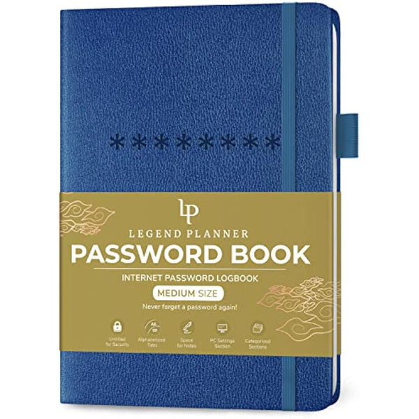 Legend Planner Password Book with Alphabetical tabs. Internet Address Keeper Logbook. Journal for Website Logins, Medium 13x19.5cm (Mystic Blue)