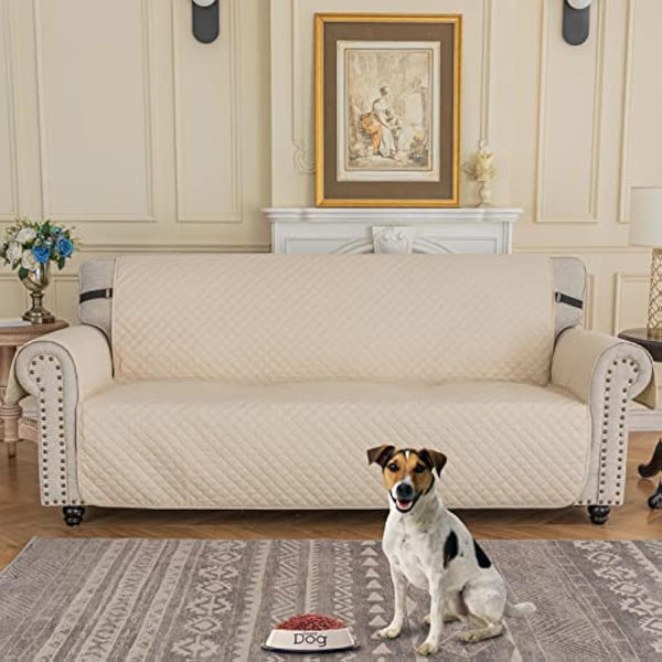 XINEAGE Quilted Sofa Covers 3 Seater, Water Resistant Couch Covers for 3 Seater, Non Slip Sofa Slipcoevrs for Dogs Pets, Reversible Sofa Protector with Elastic Strap Washable (Sofa, Beige)